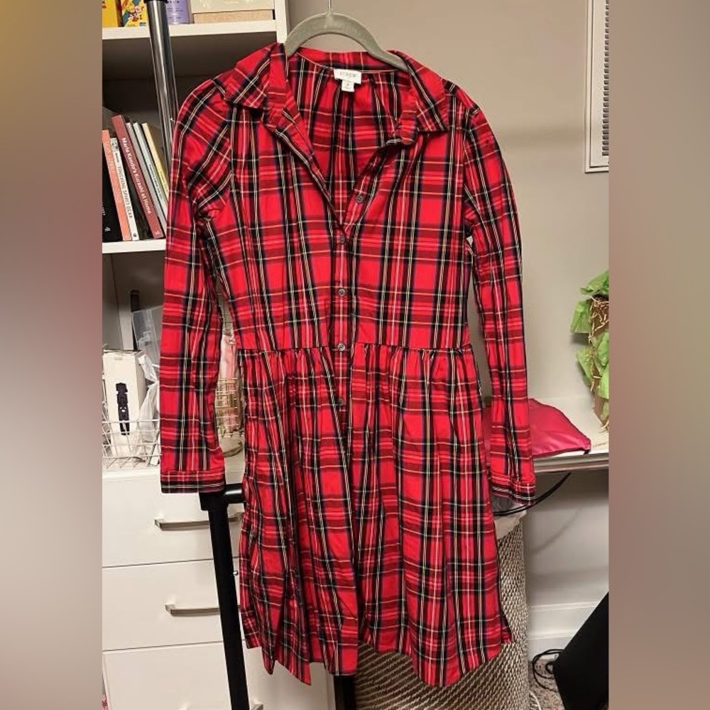 J. Crew Red and Black Buttoned Casual Dress with Notched Collar